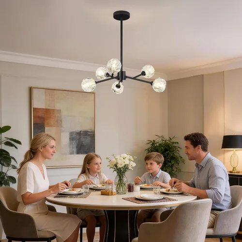 Vista 2 de Weesalife Sputnik - Candelabros para comedor, 6 luces de 25 pulgadas de diámetro Black Sputnik Chandeliers Adjustable Height Modern Crystal