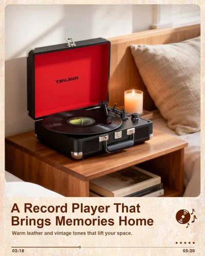 Vista 9 de TANALNIN - Tocadiscos de vinilo, tocadiscos portátil de maleta con Bluetooth de 3 velocidades con altavoces integrados, grabación USB, salida RCA