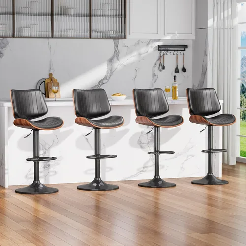 Vista 4 de Juego de 1 taburetes de bar giratorios de madera curvada ajustables para encimera de cocina, moderna silla de bar tapizada de piel sintética