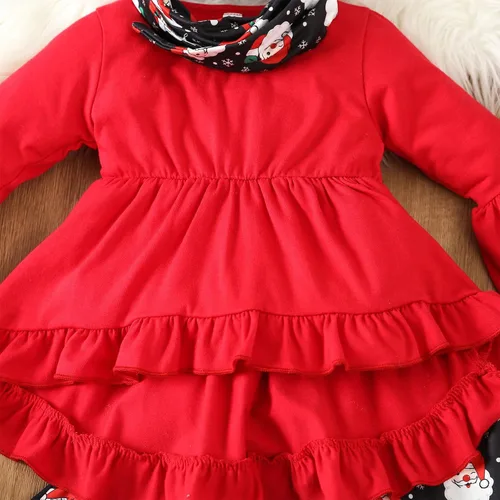 Vista 4 de Traje de Navidad para bebé niña, camisa de manga larga, vestido con volantes, leggings para niños, pantalones acampanados, bufanda, disfraz de Papá