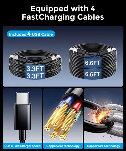 Vista 5 de Estación de carga USB C Roruite de 10 puertos con 4 cables, bloque de Negro