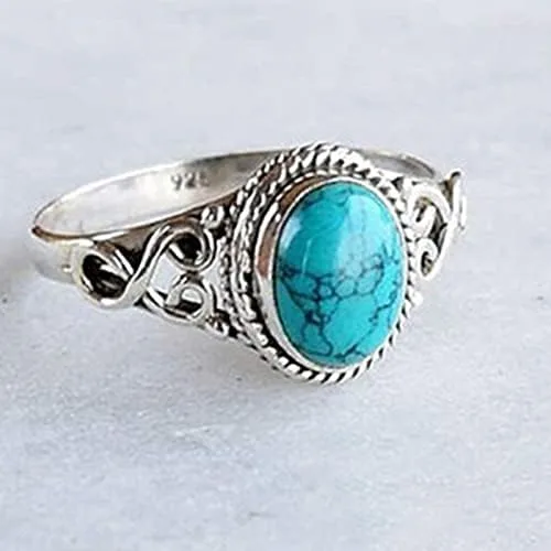 Vista 2 de Turquoise Moonstone Ring Women's 925 Sterling Silver Ring Oval Cut Natural Bohemia Turquoise Jewelry Birthday Proposal Hollow Engagement Party Band