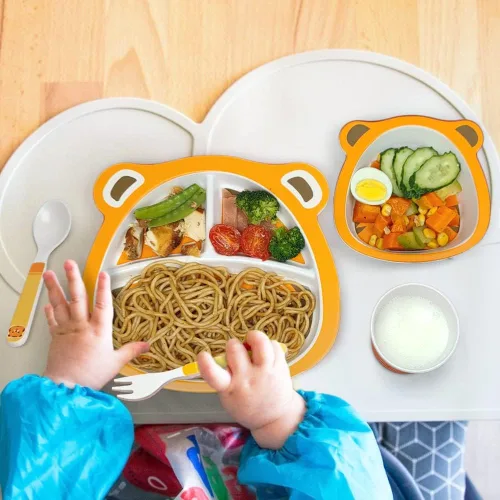 Vista 7 de Juego de vajilla infantil para bebés y niños pequeños, cuenco de bambú, taza, tenedor, cuchara y platos divididos, apto para lavavajillas