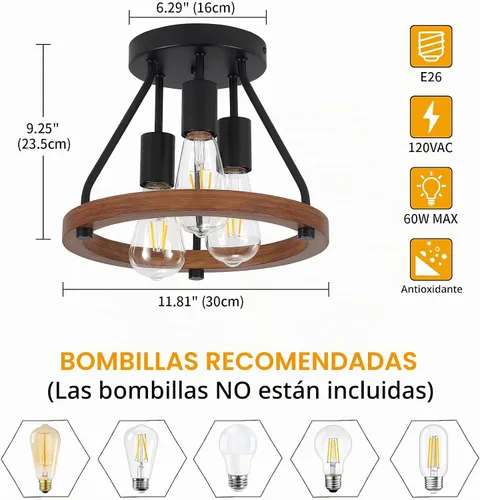 Vista 6 de Lámpara de techo moderna de granja de madera semiempotrada, accesorios de iluminación de pasillo y entrada, lámpara de techo industrial rústica de 3