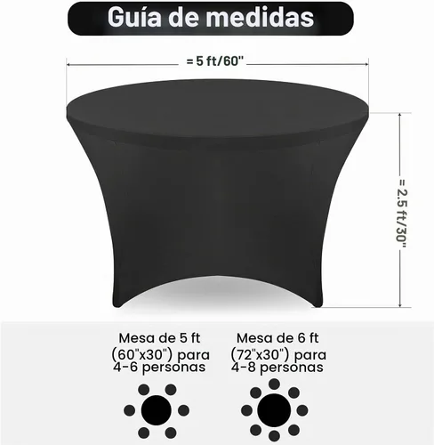 Vista 3 de FestiCorp Mantel redondo ajustable de elastano negro de 60 pulgadas, 5 pies