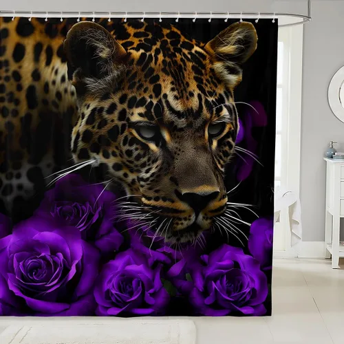 Vista 23 de Cortina de ducha con estampado de leopardo y gato con rosas rojas, 72 pulgadas de ancho x 72 pulgadas de largo, juego de cortina de ducha con flores