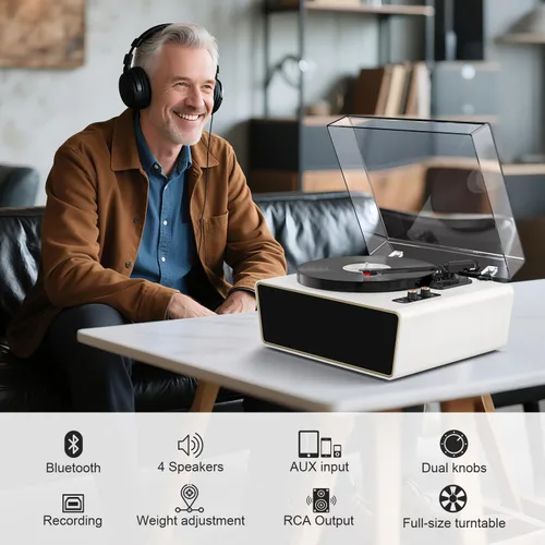 Vista 6 de Tocadiscos de vinilo de tamaño completo, tocadiscos Bluetooth de 3 velocidades con estilo Ruby, contrapeso ajustable, 4 altavoces estéreo