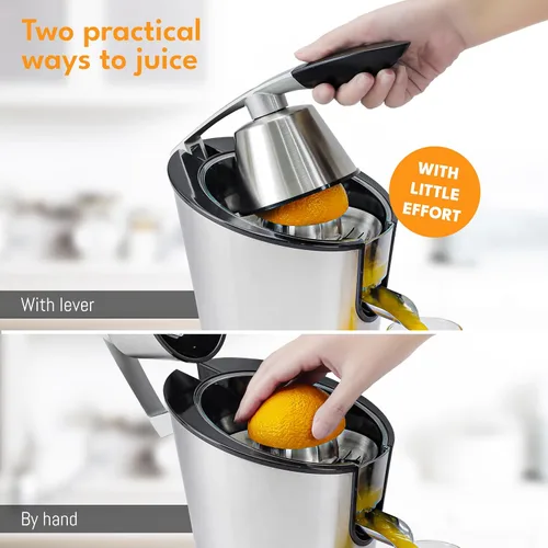 Vista 5 de LEBENLANG Exprimidor de cítricos eléctrico con alto rendimiento de jugo Exprimidor de jugo de naranja 200W + 2 conos Exprimidor de limones