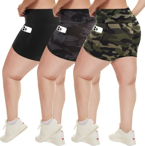 Vista 26 de HLTPRO 3 Pack Plus Size Biker Shorts for Women, Pocket & No-Pocket Options Negro/Beige Rosa/ Gris