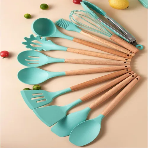Vista 8 de Juego de utensilios de cocina y cuchillos de 19 piezas con bloque, 9 piezas de utensilios de cocina de silicona, 5 piezas afiladas de acero Beige