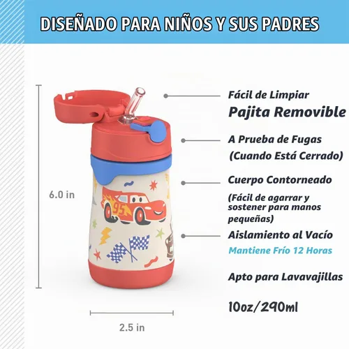 Vista 2 de Thermos Bebé 10 oz. Botella de acero inoxidable con popote emergente, coches