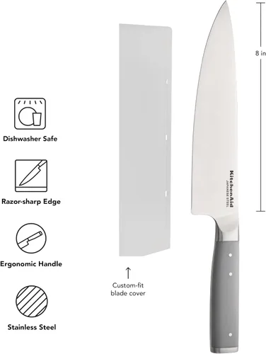 Vista 5 de KitchenAid Cuchillo de chef forjado gourmet con cubierta de hoja de ajuste personalizado, cuchillo de cocina afilado, hoja de acero inoxidable Gris