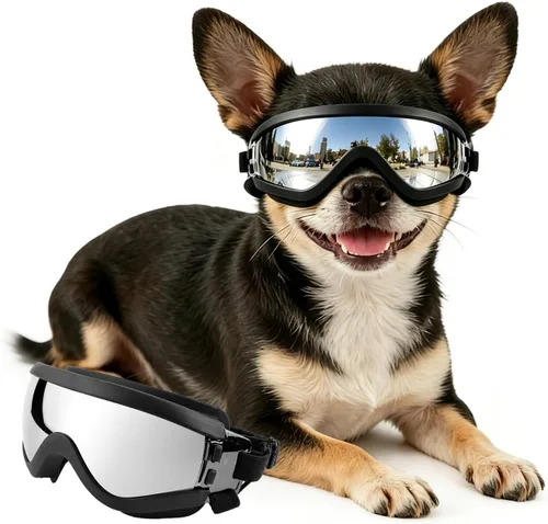 Vista 13 de Paquete de 2 gafas de sol para perros de raza mediana a grande, protección ocular anti-UV con correas ajustables, color plateado Paquete de 2