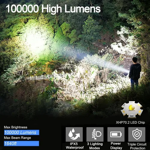 Vista 2 de Linternas LED recargables de 100000 lúmenes súper brillantes con 5 modos, impermeables, con zoom, luz de flash para emergencias al aire libre