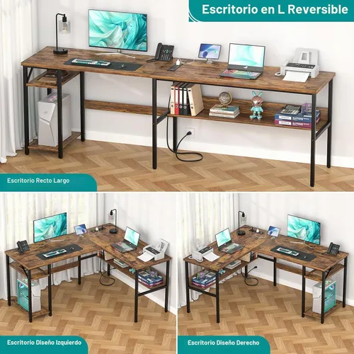 Vista 5 de Escritorio reversible en forma de L para computadora con tomas de corriente y puertos de carga USB, escritorios esquineros resistentes con estante
