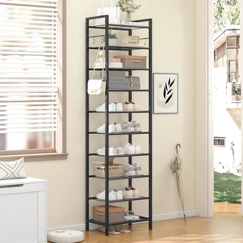 Vista 2 de usikey Zapatero de 10 niveles estrecho 20-30 pares, estante de zapatos alto y resistente de metal con 4 ganchos, almacenamiento delgado de zapatos