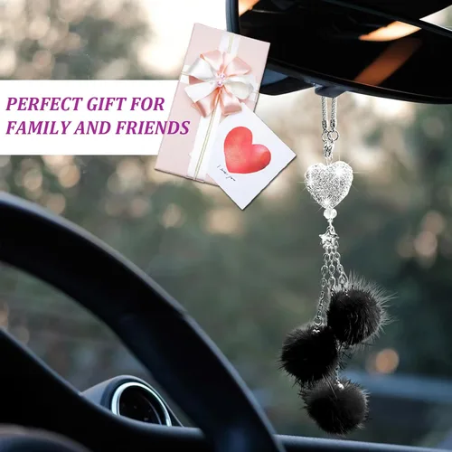 Vista 6 de Dickno Adorno Colgante Brillante para Coche, Divertido Pendiente de Corazón de Amor y Bola de Peluche Rosa para Espejo Retrovisor para Mujeres
