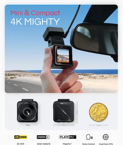 Vista 2 de Vantrue Cámara frontal E1 Pro 4K Mini Dash Cam frontal, STARVIS 2 PlatePix HDR visión nocturna para automóvil, GPS WiFi 5G integrado, pantalla IPS