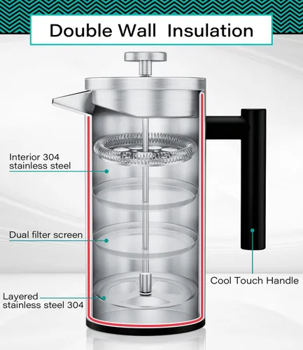 Vista 2 de Coffee Gator - Cafetera de prensa francesa de acero inoxidable 304 de 34 oz, tetera para té y café de doble pared aislada con sistema de filtración
