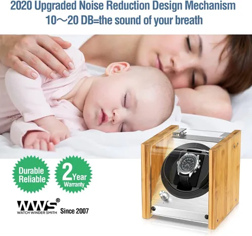 Vista 4 de Watch Winder Smith Bobinadora de reloj automática individual de bambú - 4 modos de rotación, motor silencioso
