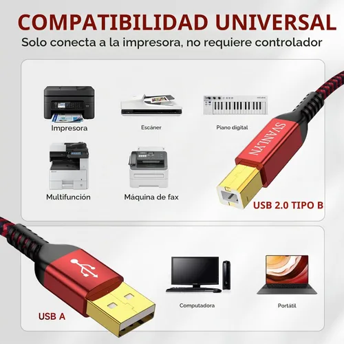 Vista 4 de Cable de impresora de 6 pies, USB A a B 2.0, cable de impresora USB trenzado de nailon de alta velocidad, cable MIDI USB compatible con HP, Epson