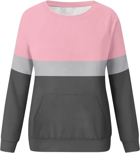 Vista 4 de Sudaderas de otoño para mujer, con cuello redondo, con bolsillos, ligeras, de manga larga, camisetas de moda 2023
