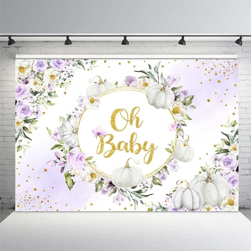 Vista 10 de MEHOFOND Fondo de otoño de 7 x 5 pies con diseño de calabaza Oh Baby en colores pastel, acuarela, azul, floral, recién nacido, baby shower