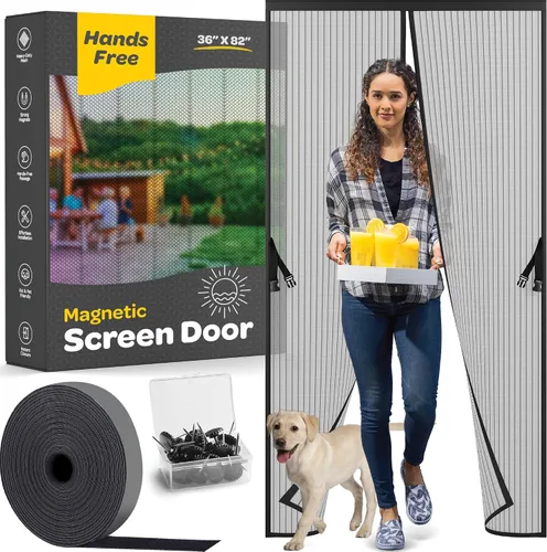 Vista 17 de Puerta mosquitera magnética manos libres, resistente, protector de malla de puerta de mosquitero autosellado, apto para mascotas y niños, hebilla