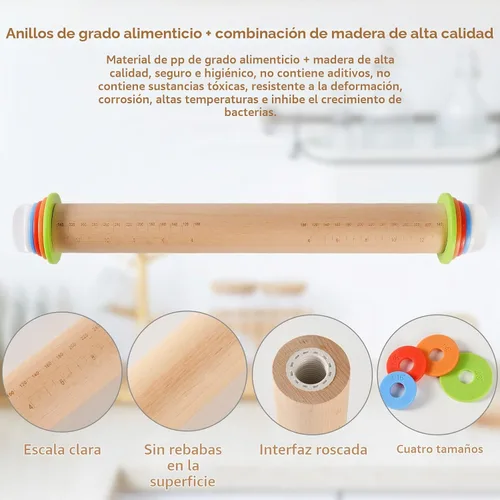Vista 4 de Yasashii Rodillo de madera con 4 anillos de grosor ajustable, rodillo de masa antiadherente para hornear, rodillo de pizza de 17 pulgadas
