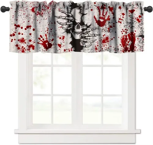 Vista 21 de Cortina de cenefa para fiesta de Halloween, diseño de dibujos animados, lindo fantasma, castillo sombrío, calabaza, murciélago, bolsillo para barra