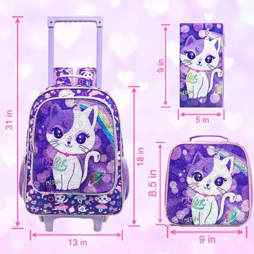 Vista 5 de Mochila con ruedas de 3 piezas para niñas y niños, bolsa de libros con ruedas de dinosaurio de unicornio