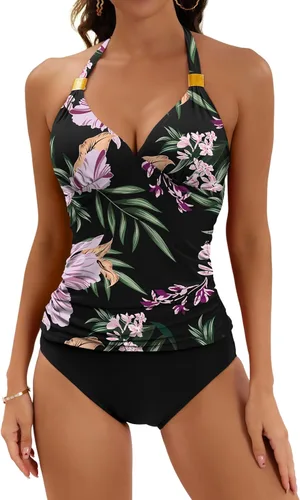 Vista 9 de B2prity - Traje de baño de dos piezas para mujer, con control de abdomen, estilo halter, con escote en V y pantalones cortos 11