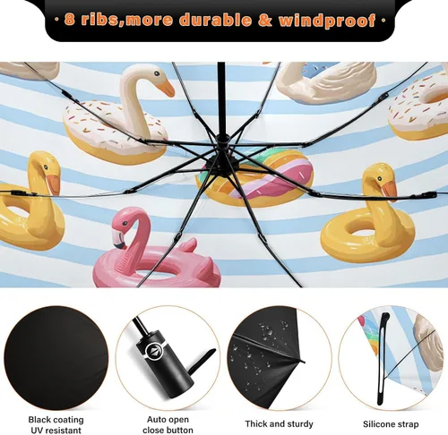 Vista 4 de ALAZA Folding Umbrella Flamingo Swan Circlen Bule Stripes Compact Travel Umbrella Automatic Open Close, Inverted Umbrellas for Rain Windproof UV