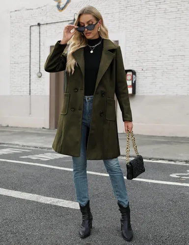 Vista 6 de Bankeng Chaqueta de solapa de doble botonadura con muesca para mujer, mezcla de lana de camello Verde Armada (ArmyGreen)