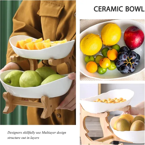 Vista 4 de Liywall - Frutero de cerámica de 2 niveles con soporte de madera de bambú para encimera de cocina,Cesta de frutas de porcelana para almacenamiento