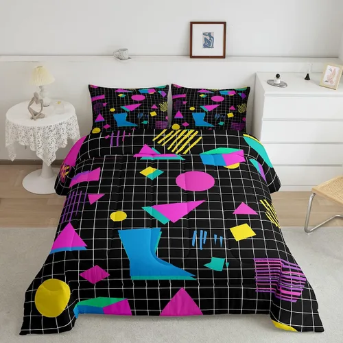 Vista 42 de Juego de edredón de estilo retro de los años 80, juego de ropa de cama de patrón geométrico abstracto, diseño urbano moderno con círculos