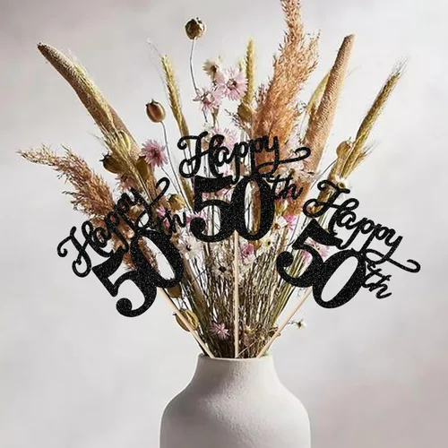 Vista 6 de Rsstarxi Paquete de 12 palitos de centro de mesa de cumpleaños número 50 para decoración de mesa de cumpleaños 50 para hombre, decoración de mesa