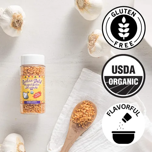 Vista 6 de Garlic Gold Nuggets tostados, condimento crujiente de ajo tostado, certificado por USDA, orgánico para ensalada, apto para dieta keto paleo