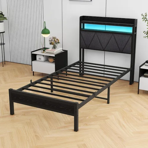 Vista 6 de Base de cama de tamaño individual con luces LED, cabecera tapizada de almacenamiento y estación de carga USB, marco de cama de metal resistente