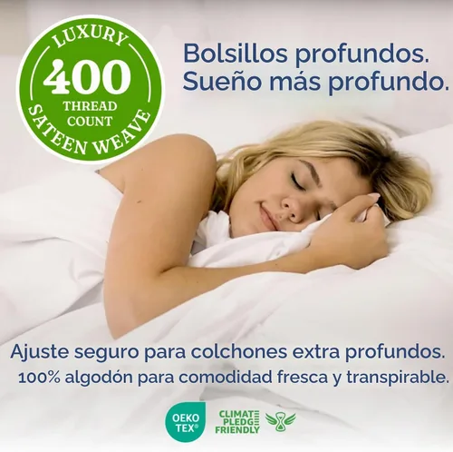 Vista 2 de Juego de sábanas de 4 piezas con bolsillos extra profundos de 400 hilos, 100% algodón, 4 piezas, transpirable y refrescante, juego de sábanas
