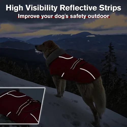 Vista 3 de Lelepet Abrigo cálido para perros – Chaleco reflectante impermeable de vellón con hebilla ajustable de gancho y bucle, chaqueta de invierno Rojo