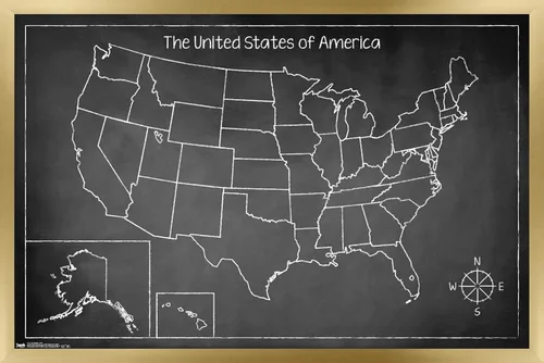 Vista 10 de Trends International Chalk Map - Póster de pared de Estados Unidos, 14.725 x 22.375 pulgadas, versión enmarcada de madera de granero Versión