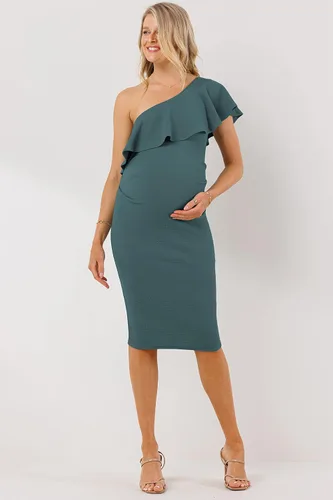 Vista 4 de LaClef Vestido de maternidad con volantes y un hombro fruncido lateral para mujer