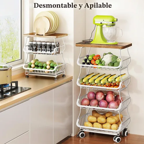 Vista 3 de SAYZH 5-Tier Fruit and Vegetable Basket Stand for Kitchen, Wood Top, White Blanco