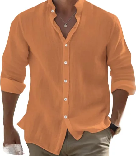Vista 5 de Camisas de algodón para hombre, de manga larga, con botones, con cuello liso, camisetas casuales para la playa