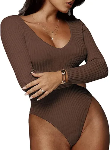 Vista 2 de Ludhou Body de manga larga con cuello en V profundo para mujer, diseño cruzado fruncido, con escote en V y fruncido