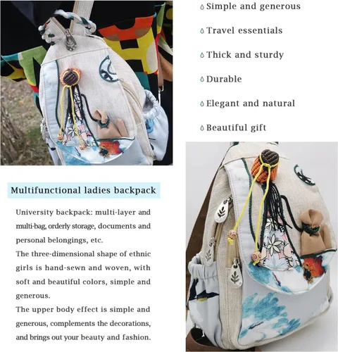 Vista 146 de HUANGGUOSHU Mochila de algodón tejida de algodón bohemio con bordado de lona estilo bohemio con múltiples bolsillos retro linda mochila cartera