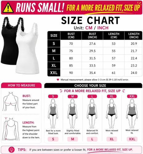 Vista 5 de Paquete de 2/3 camisolas de encaje para mujer, camisetas de mezcla de algodón suave y elástico, camisetas sin mangas transpirables Negro + Blanco