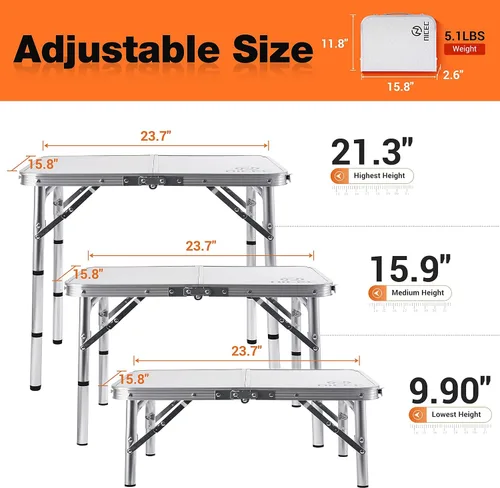 Vista 8 de Nice C Mesa de camping ajustable, mesa plegable para tarjetas (pequeña) Mesa de picnic, aluminio ligero portátil, asa de transporte, playa