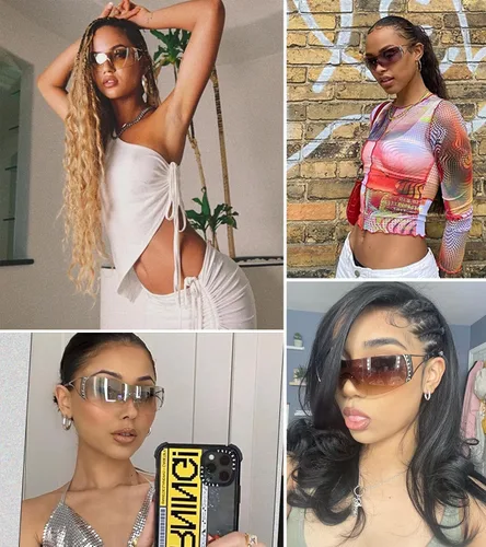 Vista 3 de NULOOQ Gafas de sol envolventes Y2K para mujeres y hombres, gafas de sol futuristas sexys sin marco, escudo de estrellas planas